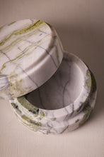 Load image into Gallery viewer, M. Fisher Marble Stone Box Round Container Decorative Lichen Green White Black 2
