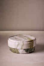 Load image into Gallery viewer, M. Fisher Marble Stone Box Round Container Decorative Lichen Green White Black 4
